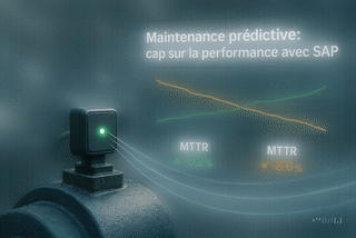Gros plan d'un capteur IoT sur une machine industrielle, avec un dashboard SAP semi-transparent montrant des indicateurs de maintenance prédictive